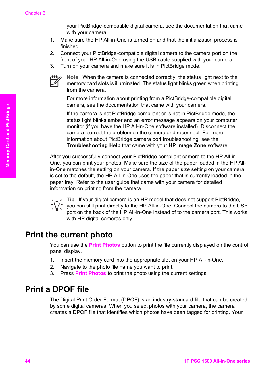 Print the current photo, Print a dpof file, Print the current photo print a dpof file | HP PSC 1610v All-in-One Printer User Manual | Page 47 / 134