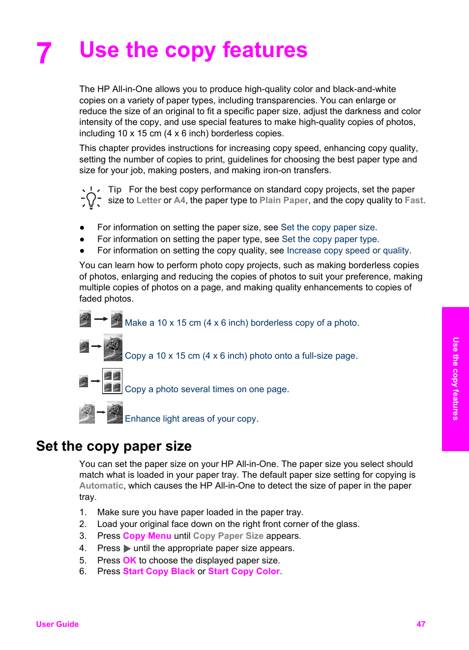 Use the copy features, Set the copy paper size | HP PSC 1610v All-in-One Printer User Manual | Page 50 / 134