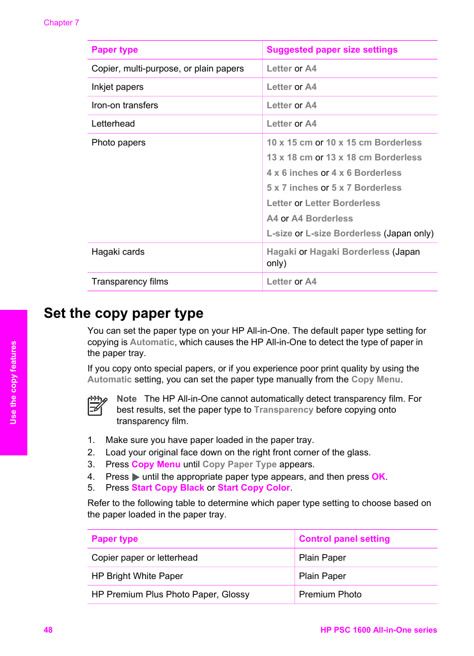 Set the copy paper type, On setting the paper type, see | HP PSC 1610v All-in-One Printer User Manual | Page 51 / 134