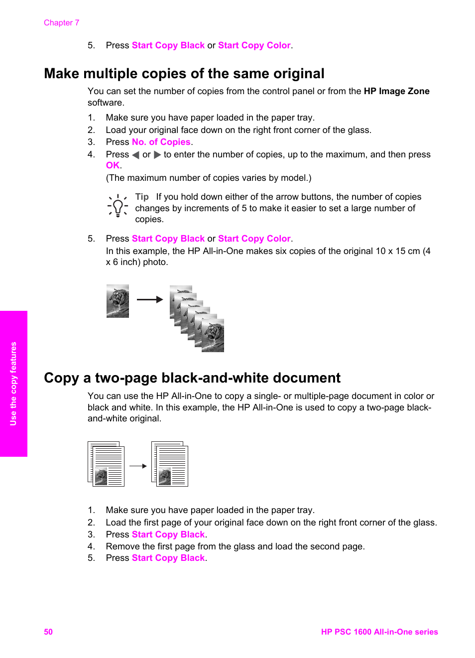 Make multiple copies of the same original, Copy a two-page black-and-white document | HP PSC 1610v All-in-One Printer User Manual | Page 53 / 134