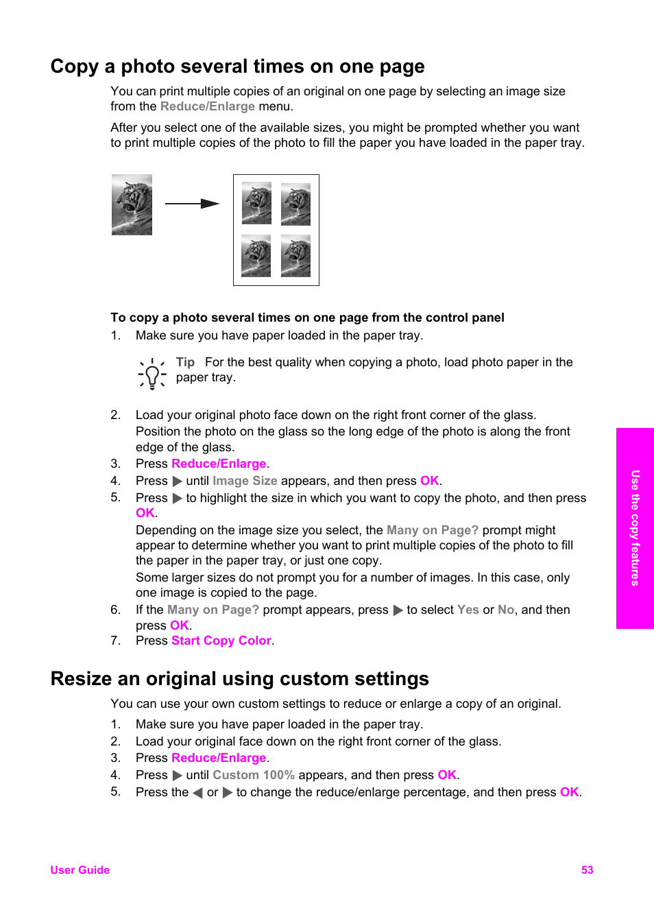 Resize an original using custom settings, Copy a photo several times on one page | HP PSC 1610v All-in-One Printer User Manual | Page 56 / 134