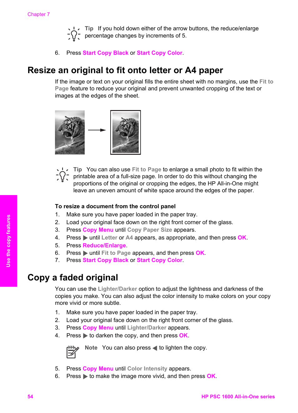 Resize an original to fit onto letter or a4 paper, Copy a faded original | HP PSC 1610v All-in-One Printer User Manual | Page 57 / 134