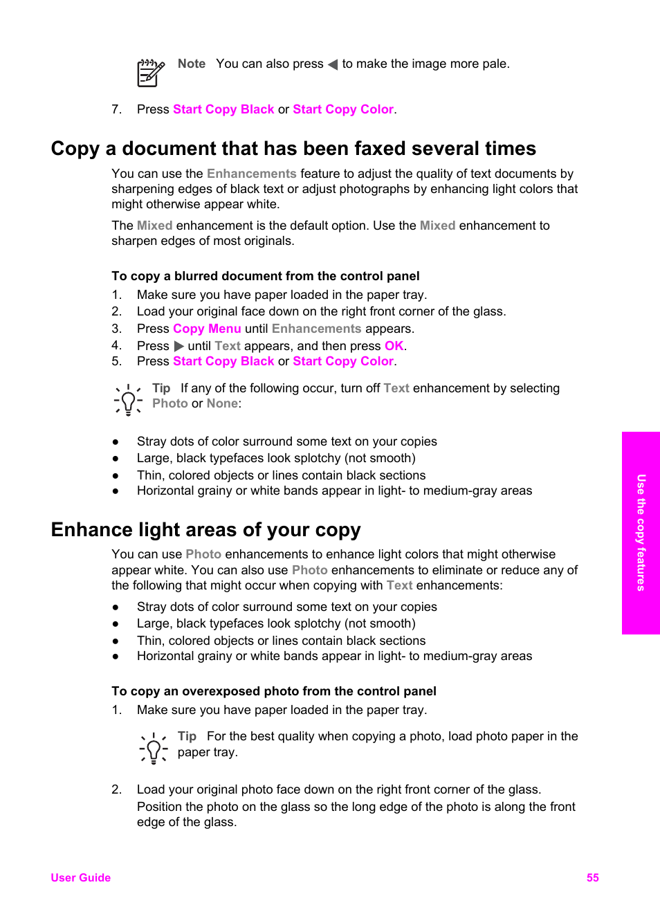 Copy a document that has been faxed several times, Enhance light areas of your copy, Enhance light | Areas of your copy | HP PSC 1610v All-in-One Printer User Manual | Page 58 / 134