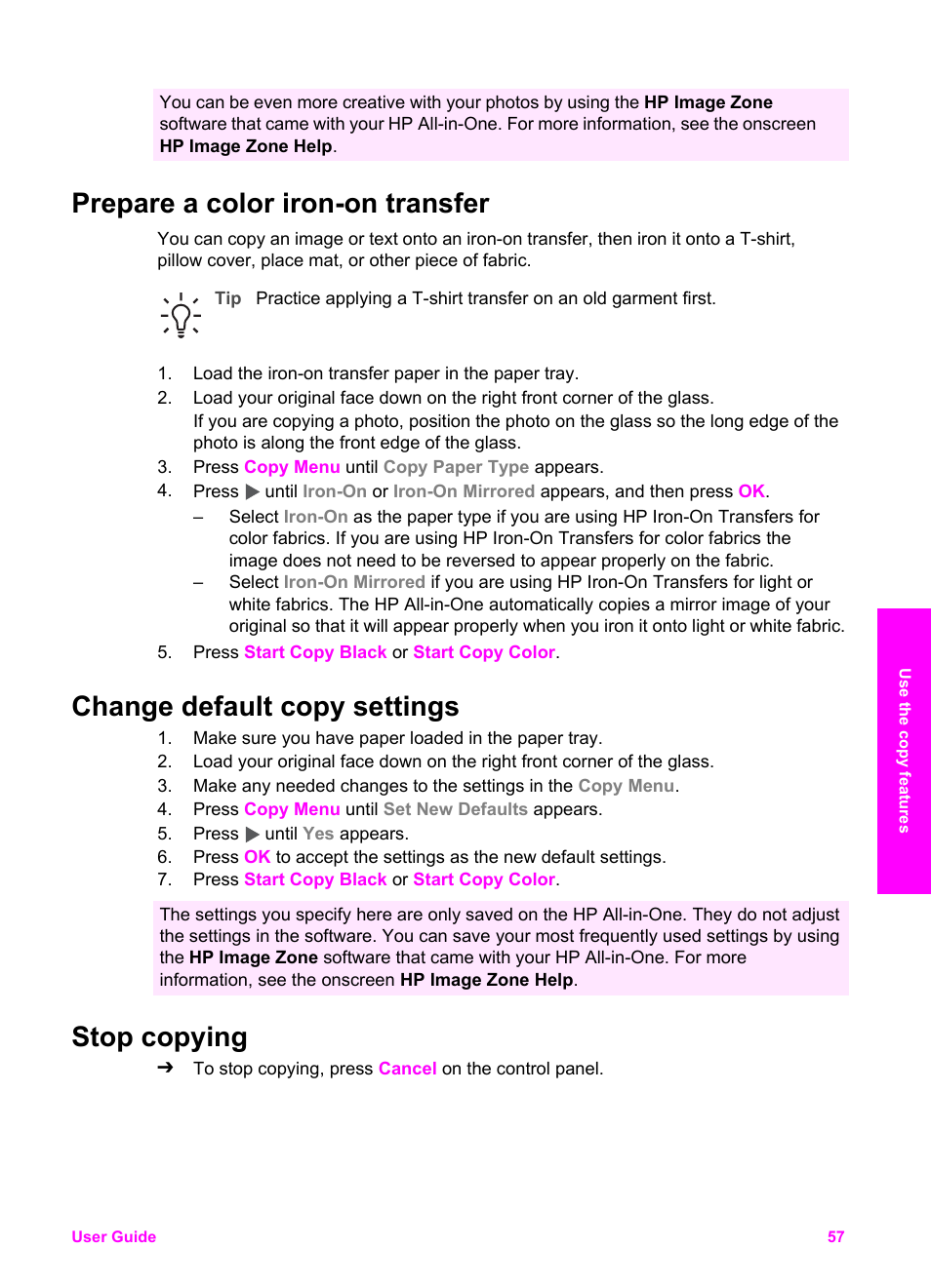 Prepare a color iron-on transfer, Change default copy settings, Stop copying | HP PSC 1610v All-in-One Printer User Manual | Page 60 / 134