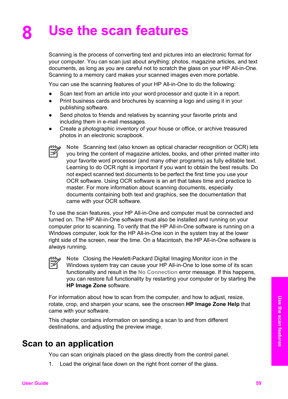 Use the scan features, Scan to an application | HP PSC 1610v All-in-One Printer User Manual | Page 62 / 134