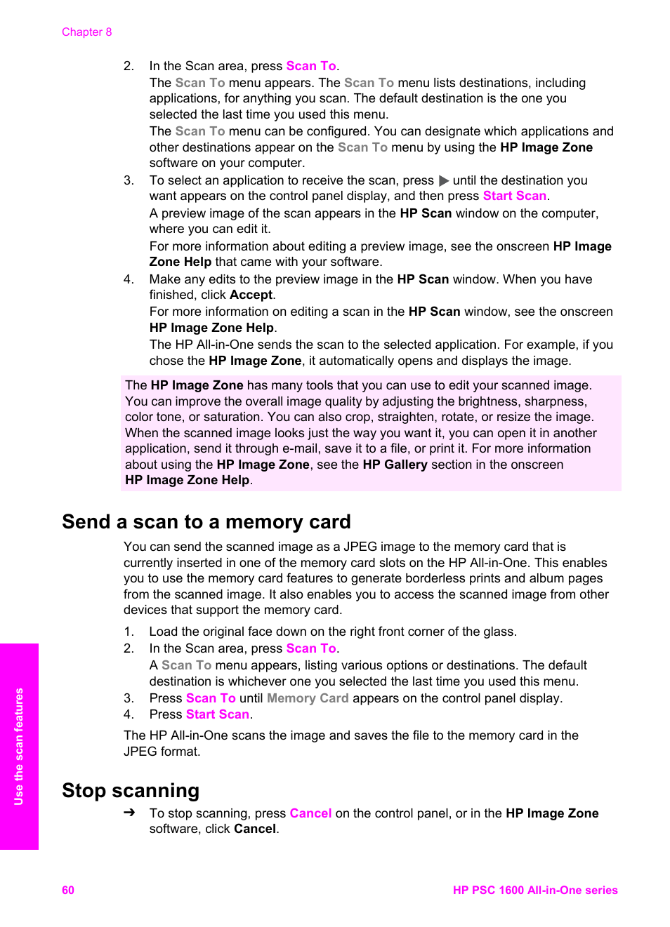 Send a scan to a memory card, Stop scanning, Send a scan to a memory card stop scanning | HP PSC 1610v All-in-One Printer User Manual | Page 63 / 134