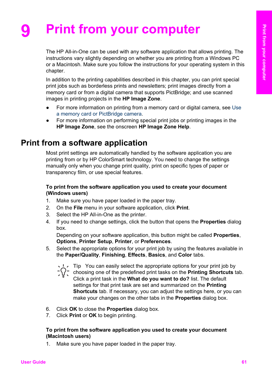 Print from your computer, Print from a software application | HP PSC 1610v All-in-One Printer User Manual | Page 64 / 134
