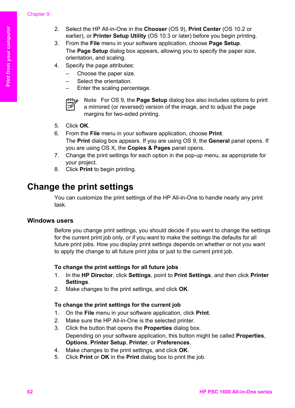 Change the print settings, Windows users | HP PSC 1610v All-in-One Printer User Manual | Page 65 / 134