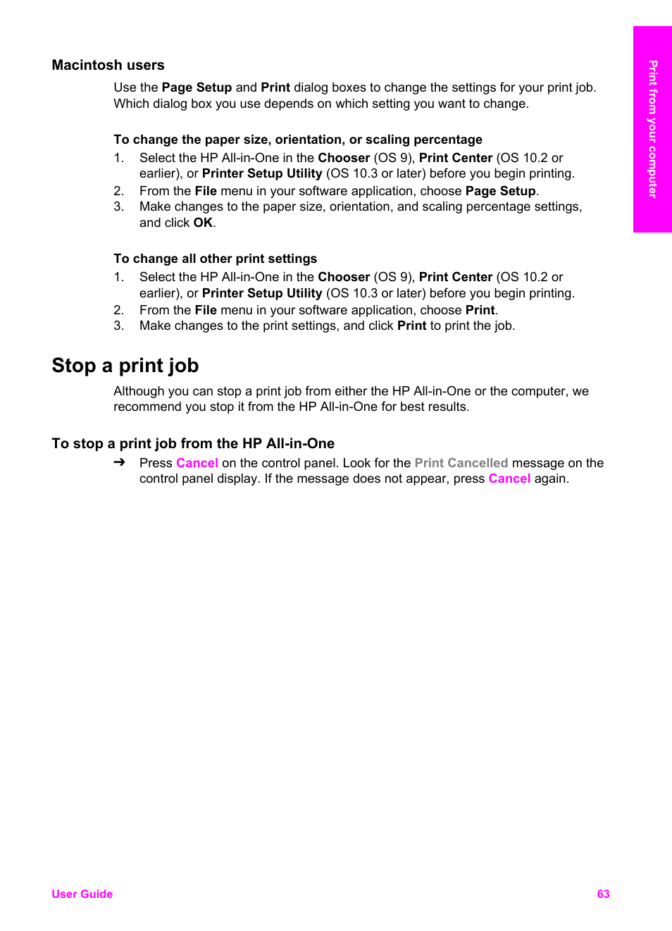 Macintosh users, Stop a print job, To stop a print job from the hp all-in-one | HP PSC 1610v All-in-One Printer User Manual | Page 66 / 134