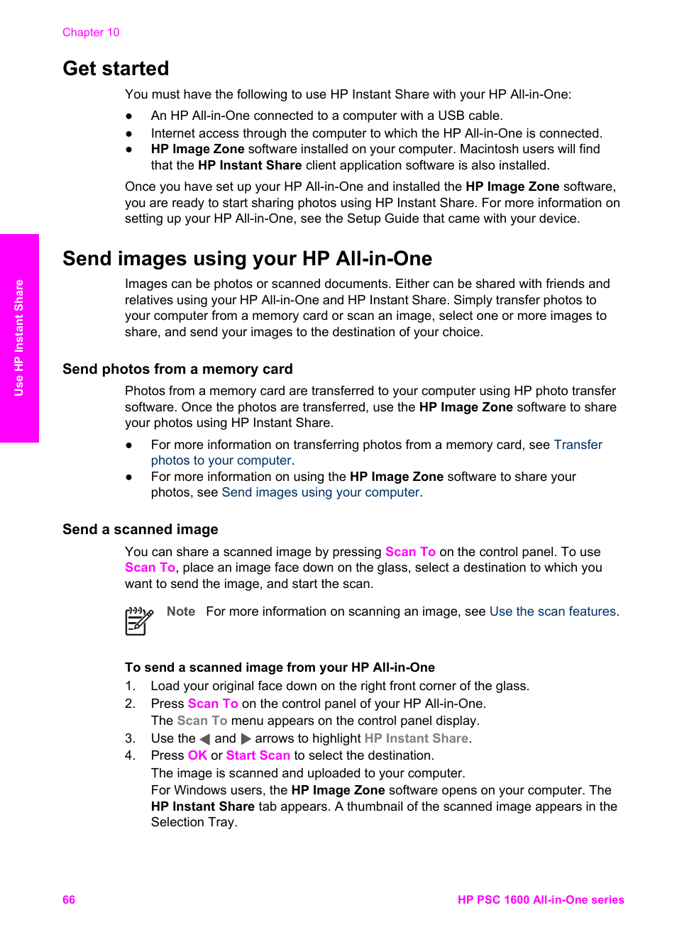 Get started, Send images using your hp all-in-one, Send photos from a memory card | Send a scanned image, Get started send images using your hp all-in-one | HP PSC 1610v All-in-One Printer User Manual | Page 69 / 134