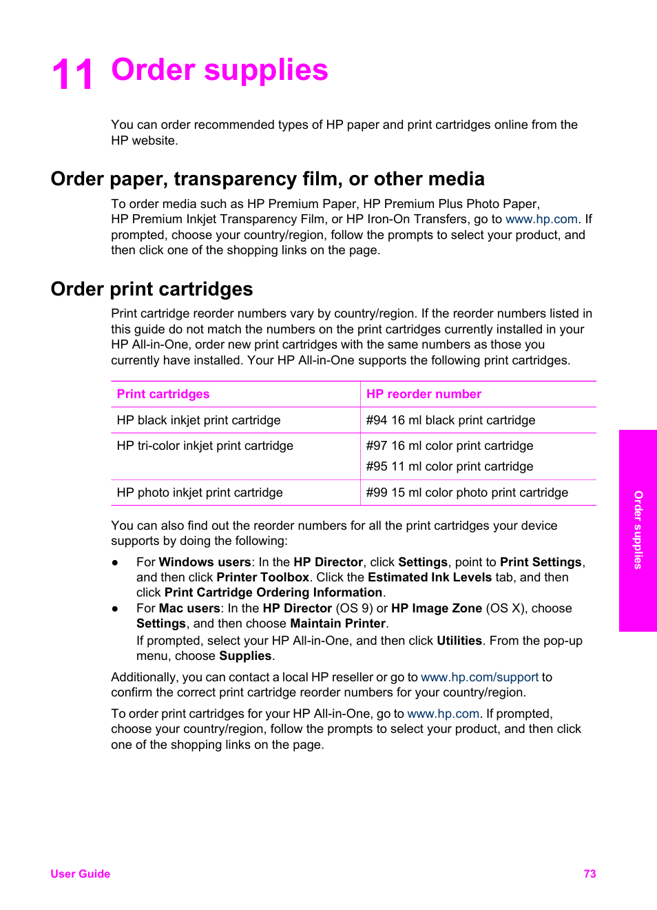 Order supplies, Order paper, transparency film, or other media, Order print cartridges | 11 order supplies | HP PSC 1610v All-in-One Printer User Manual | Page 76 / 134