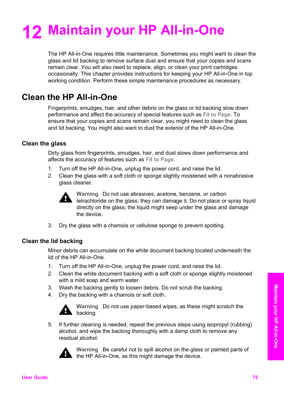 Maintain your hp all-in-one, Clean the hp all-in-one, Clean the glass | Clean the lid backing, 12 maintain your hp all-in-one | HP PSC 1610v All-in-One Printer User Manual | Page 78 / 134