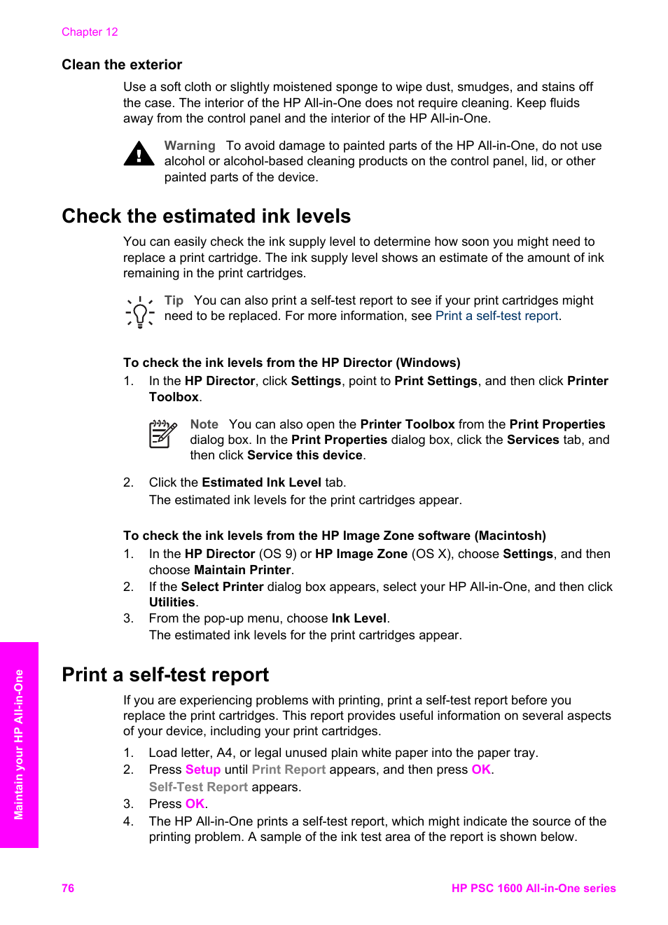 Clean the exterior, Check the estimated ink levels, Print a self-test report | HP PSC 1610v All-in-One Printer User Manual | Page 79 / 134