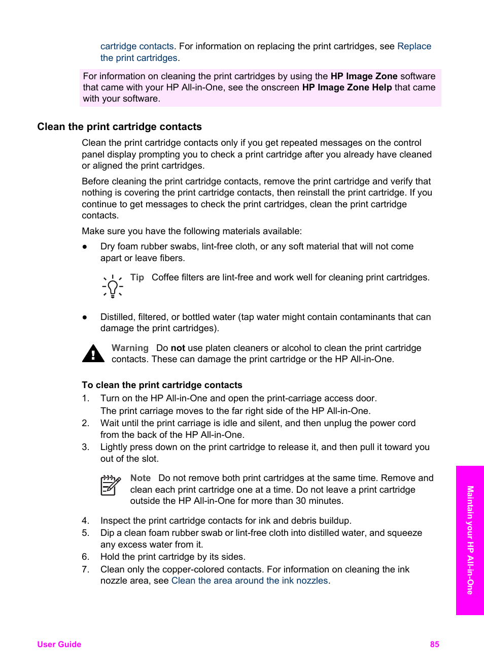 Clean the print cartridge contacts | HP PSC 1610v All-in-One Printer User Manual | Page 88 / 134