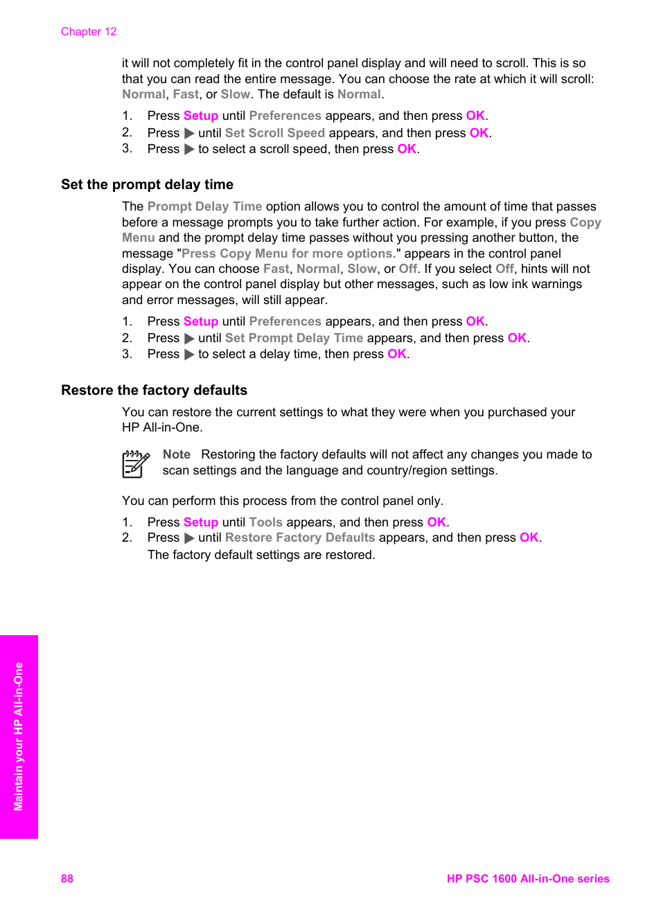 Set the prompt delay time, Restore the factory defaults | HP PSC 1610v All-in-One Printer User Manual | Page 91 / 134