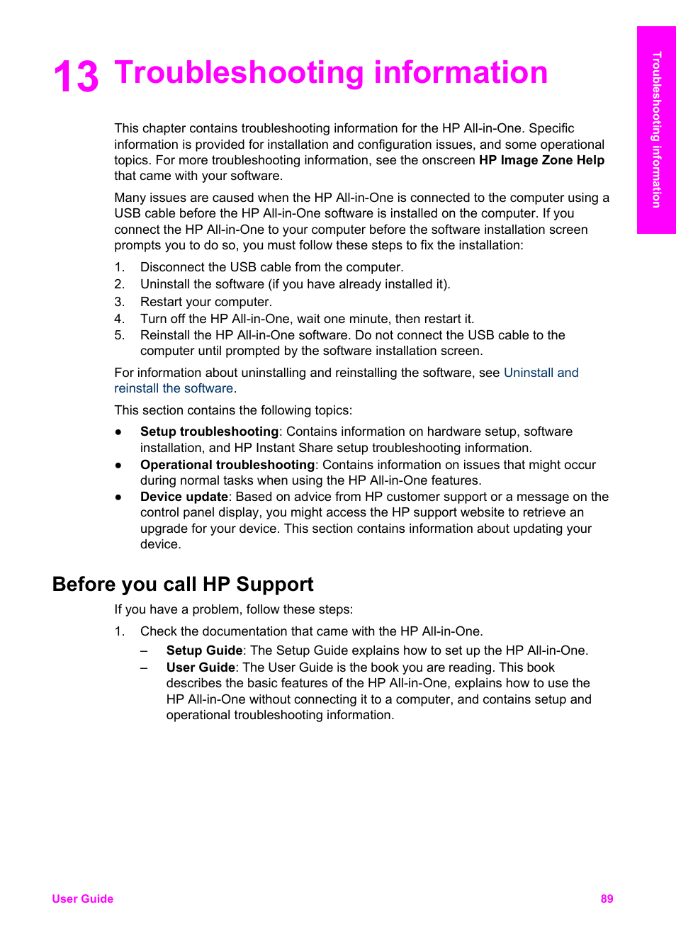 Troubleshooting information, Before you call hp support, 13 troubleshooting information | Troubleshooting, Information | HP PSC 1610v All-in-One Printer User Manual | Page 92 / 134