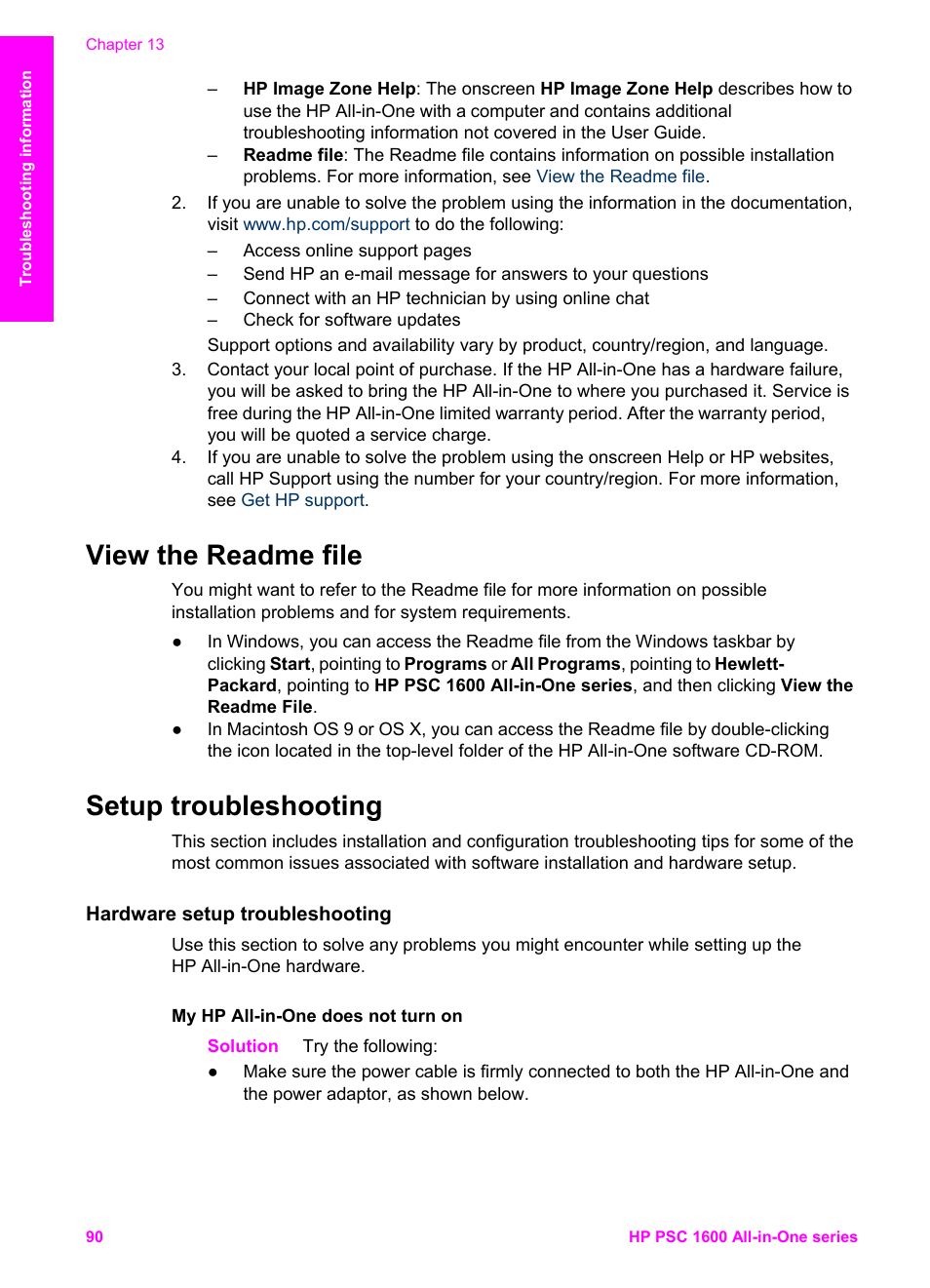 View the readme file, Setup troubleshooting, Hardware setup troubleshooting | View the readme file setup troubleshooting | HP PSC 1610v All-in-One Printer User Manual | Page 93 / 134