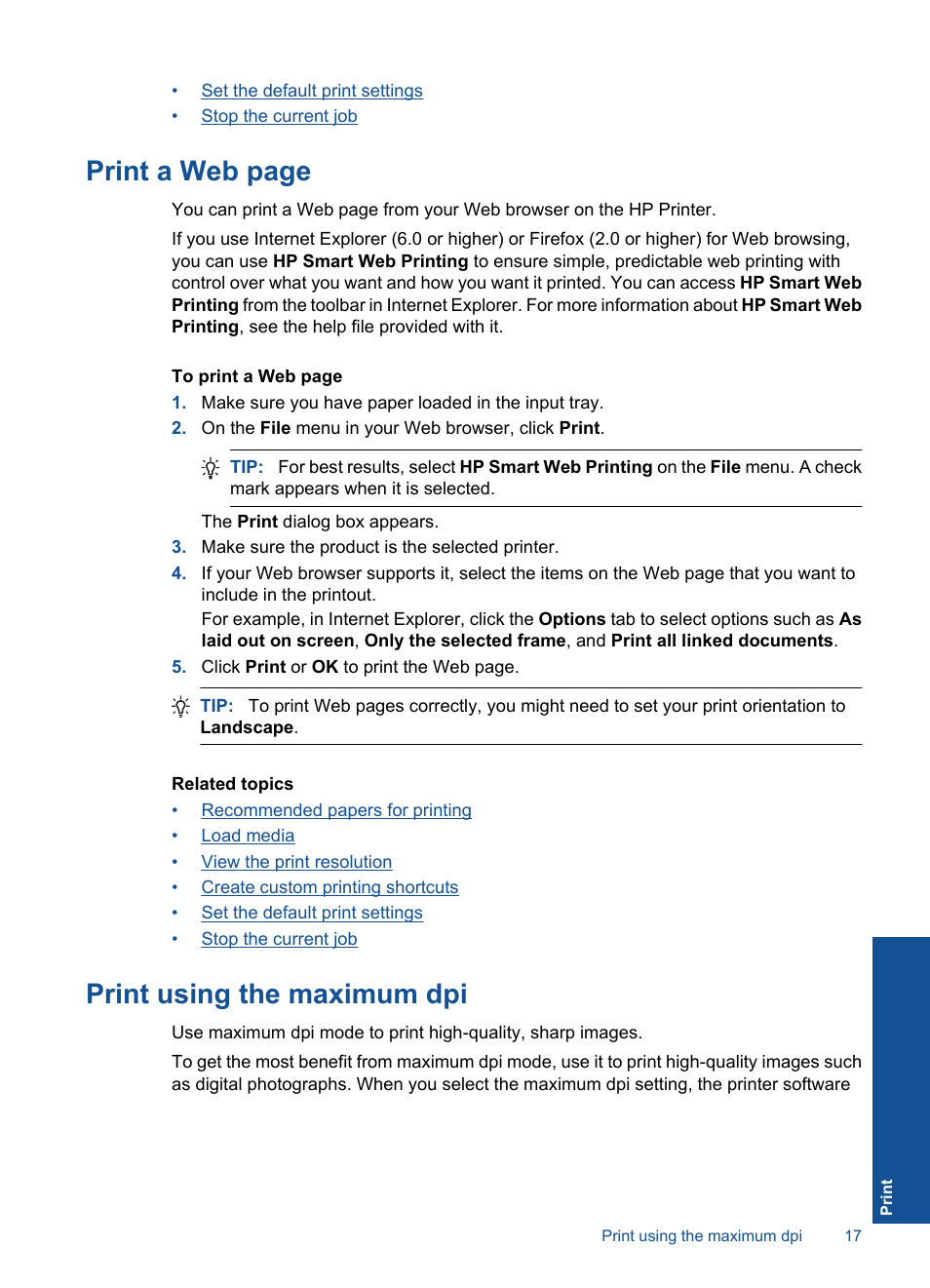 Print using the maximum dpi, Print a web page | HP Deskjet Ink Advantage Printer - K109a User Manual | Page 19 / 58