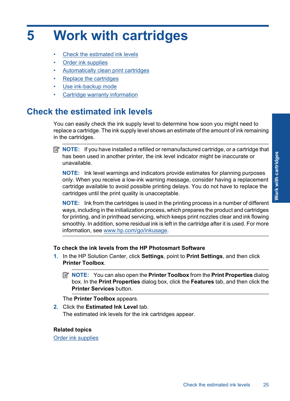 Work with cartridges, Check the estimated ink levels, 5 work with cartridges | 5work with cartridges | HP Deskjet Ink Advantage Printer - K109a User Manual | Page 27 / 58