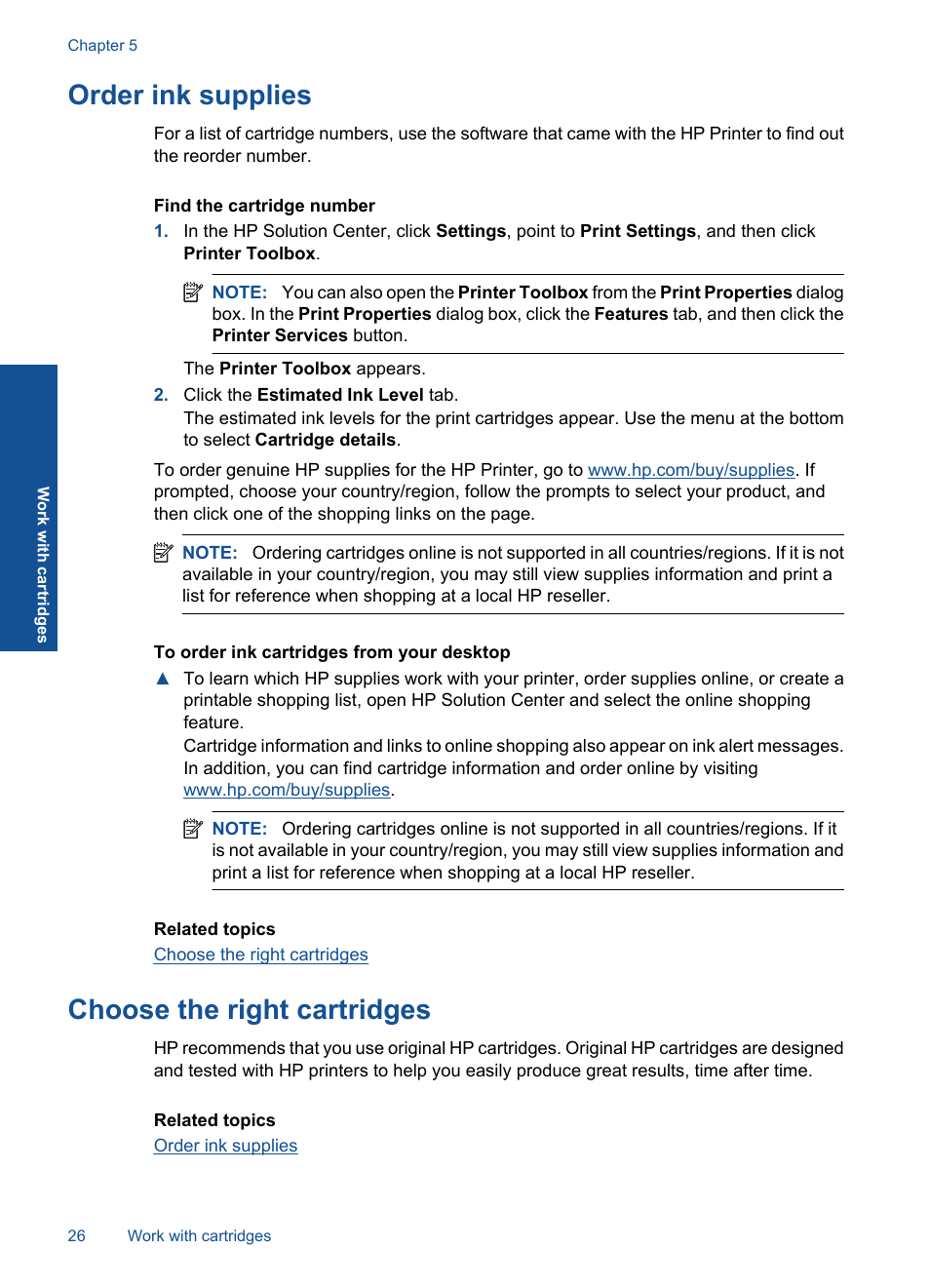 Order ink supplies, Choose the right cartridges | HP Deskjet Ink Advantage Printer - K109a User Manual | Page 28 / 58