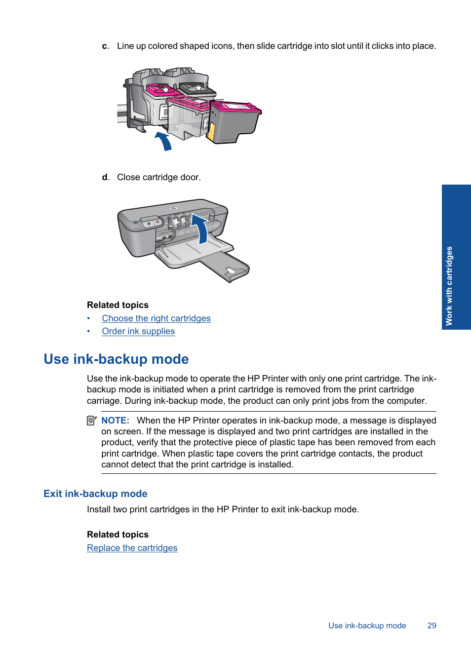 Use ink-backup mode, Exit ink-backup mode | HP Deskjet Ink Advantage Printer - K109a User Manual | Page 31 / 58