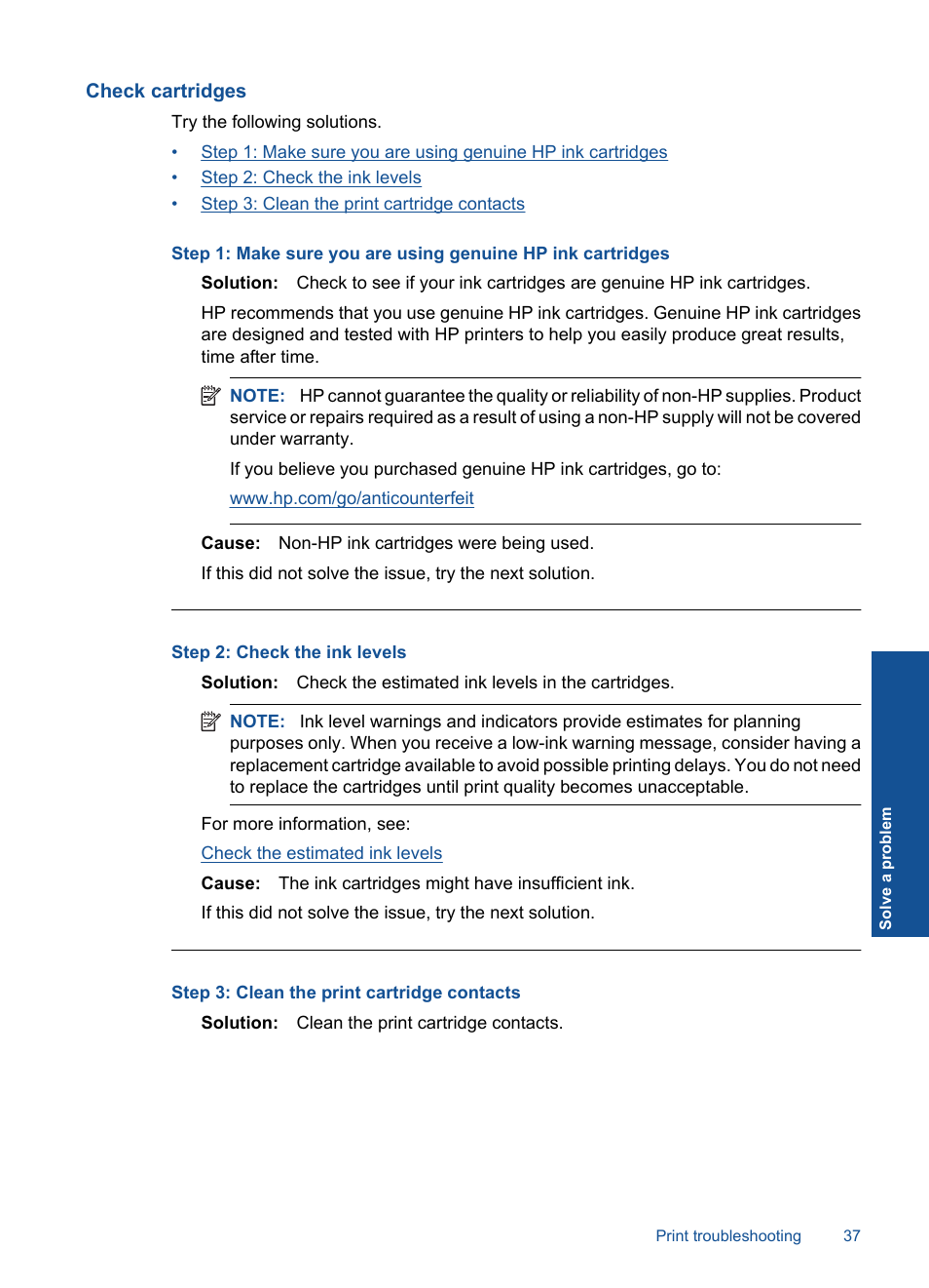 Check cartridges | HP Deskjet Ink Advantage Printer - K109a User Manual | Page 39 / 58