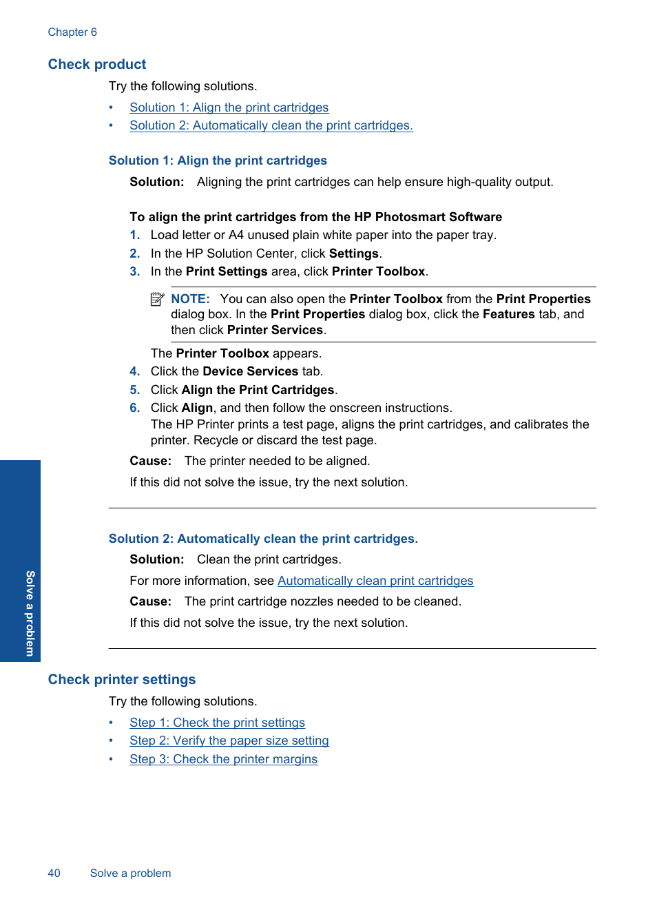 Check product, Check printer settings | HP Deskjet Ink Advantage Printer - K109a User Manual | Page 42 / 58