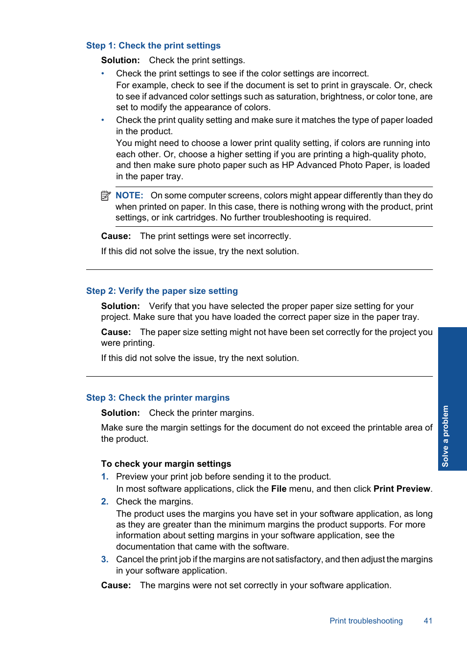 Step 1: check the print settings, Step 2: verify the paper size setting, Step 3: check the printer margins | HP Deskjet Ink Advantage Printer - K109a User Manual | Page 43 / 58