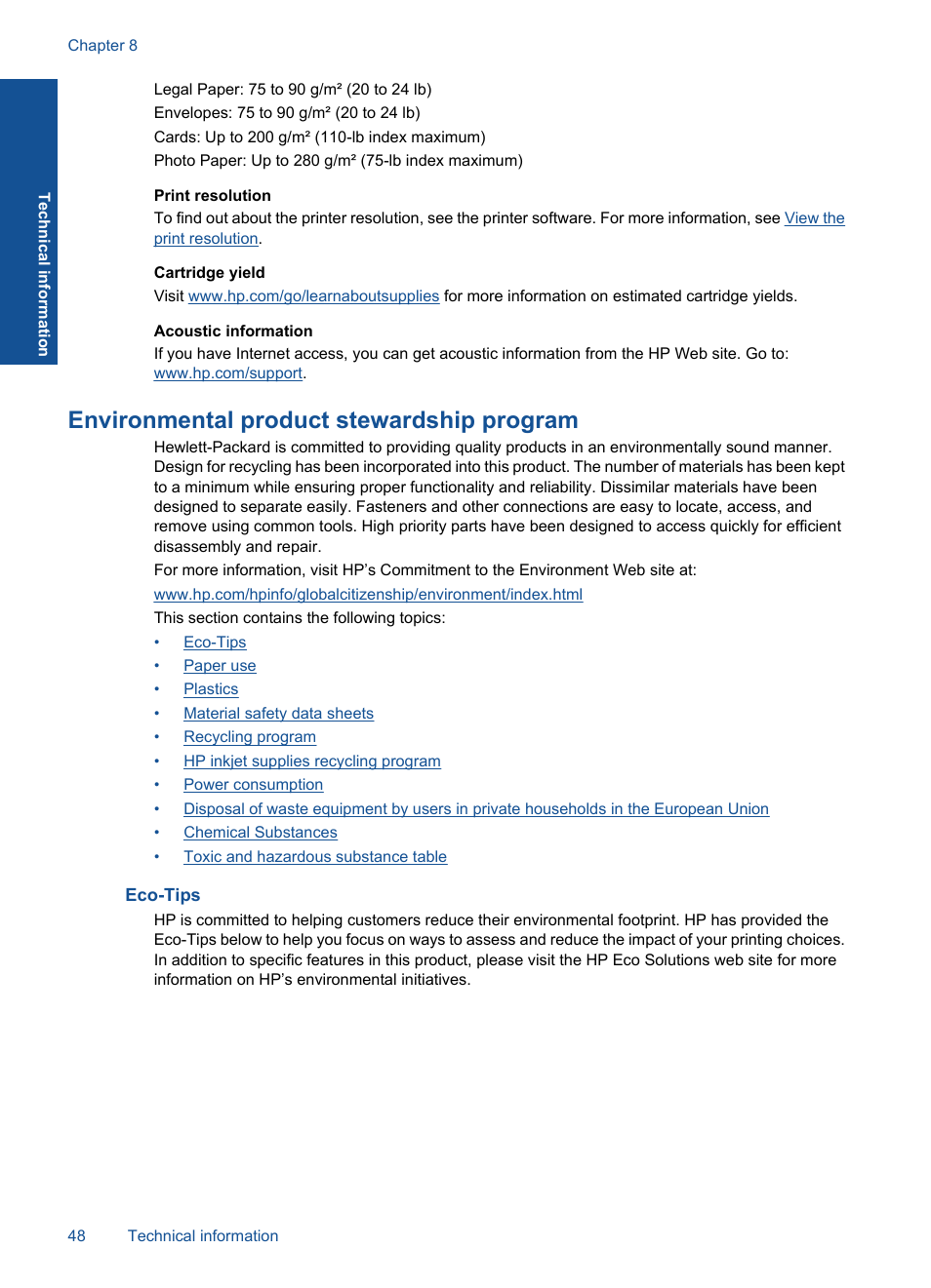 Environmental product stewardship program, Eco-tips | HP Deskjet Ink Advantage Printer - K109a User Manual | Page 50 / 58