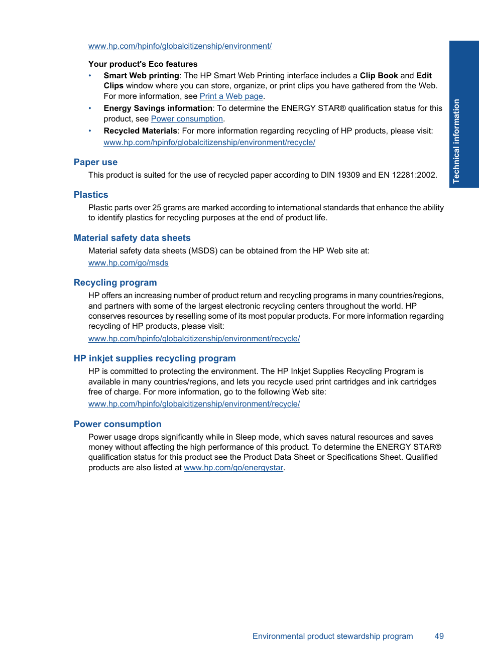 Paper use, Plastics, Material safety data sheets | Recycling program, Hp inkjet supplies recycling program, Power consumption | HP Deskjet Ink Advantage Printer - K109a User Manual | Page 51 / 58