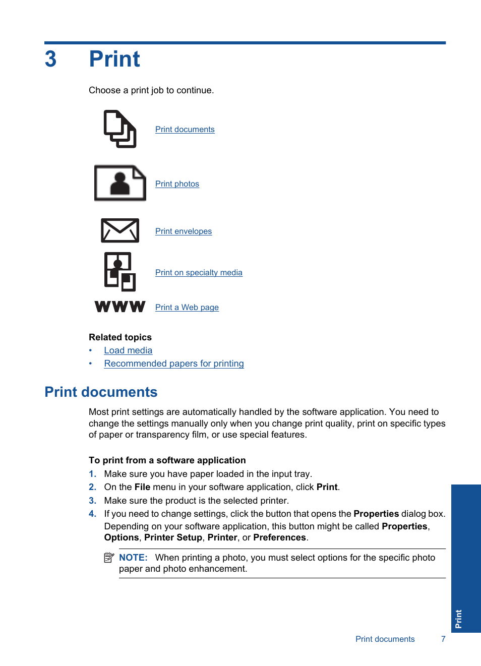 Print, Print documents, 3 print | 3print | HP Deskjet Ink Advantage Printer - K109a User Manual | Page 9 / 58