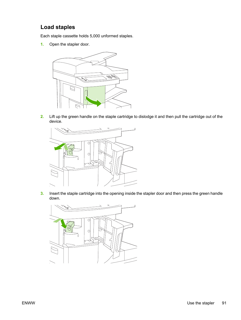 Load staples | HP LaserJet M5025 Multifunction Printer series User Manual | Page 103 / 300