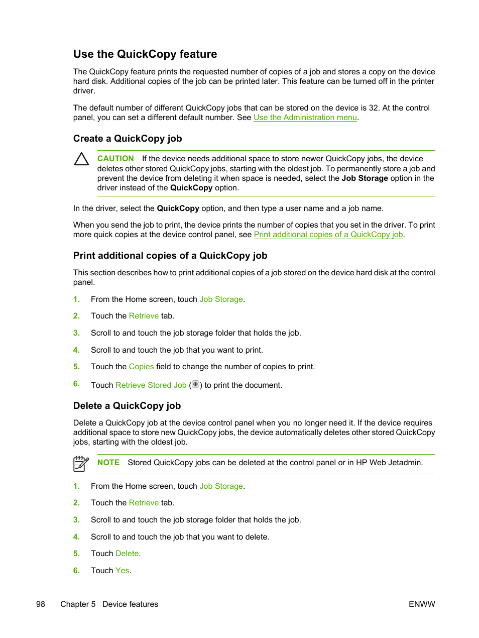 Use the quickcopy feature, Create a quickcopy job, Print additional copies of a quickcopy job | Delete a quickcopy job | HP LaserJet M5025 Multifunction Printer series User Manual | Page 110 / 300