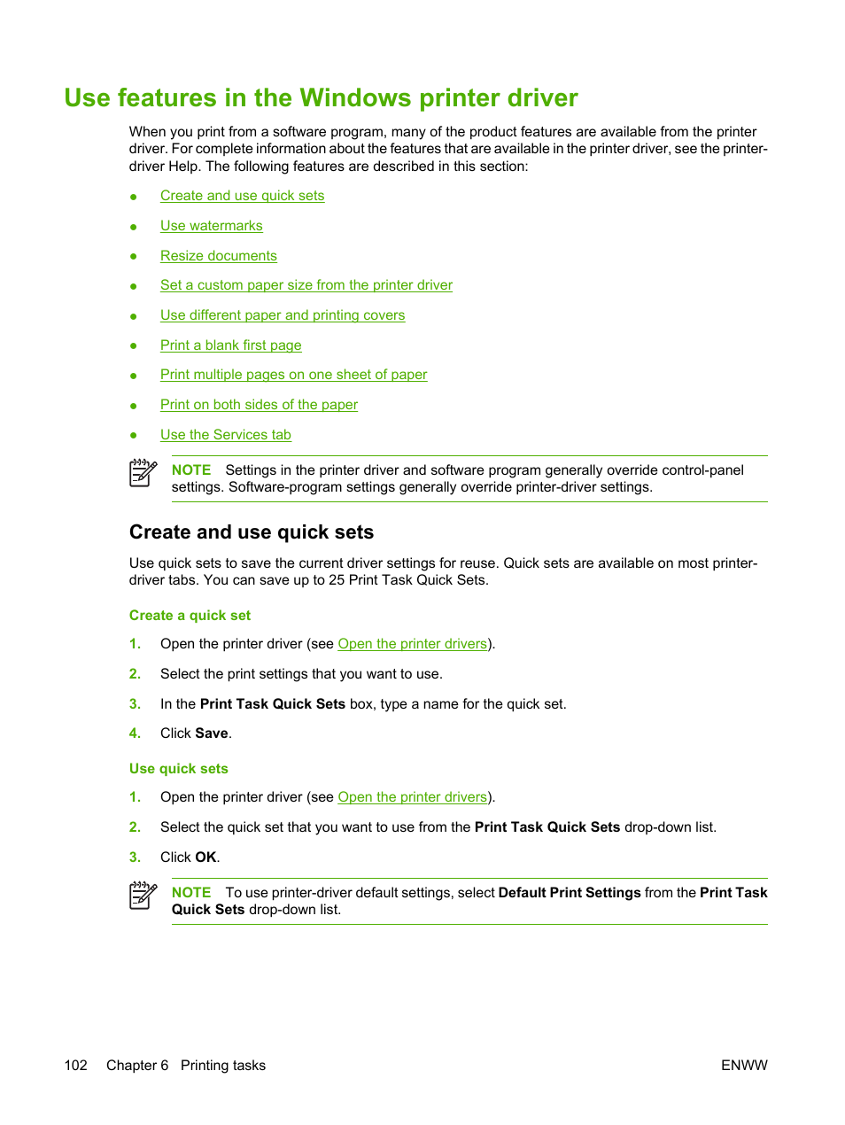 Use features in the windows printer driver, Create and use quick sets | HP LaserJet M5025 Multifunction Printer series User Manual | Page 114 / 300