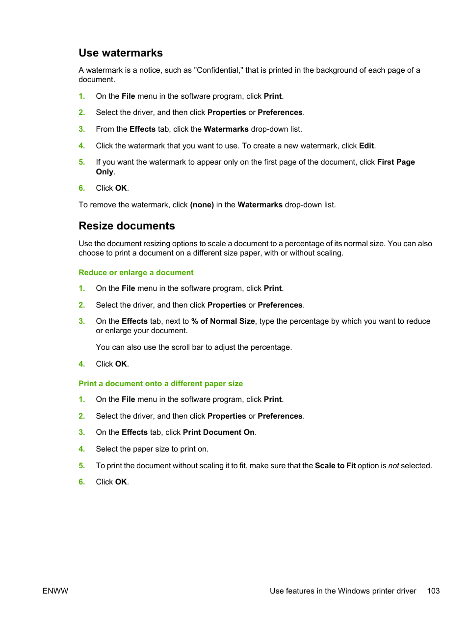 Use watermarks, Resize documents, Use watermarks resize documents | HP LaserJet M5025 Multifunction Printer series User Manual | Page 115 / 300