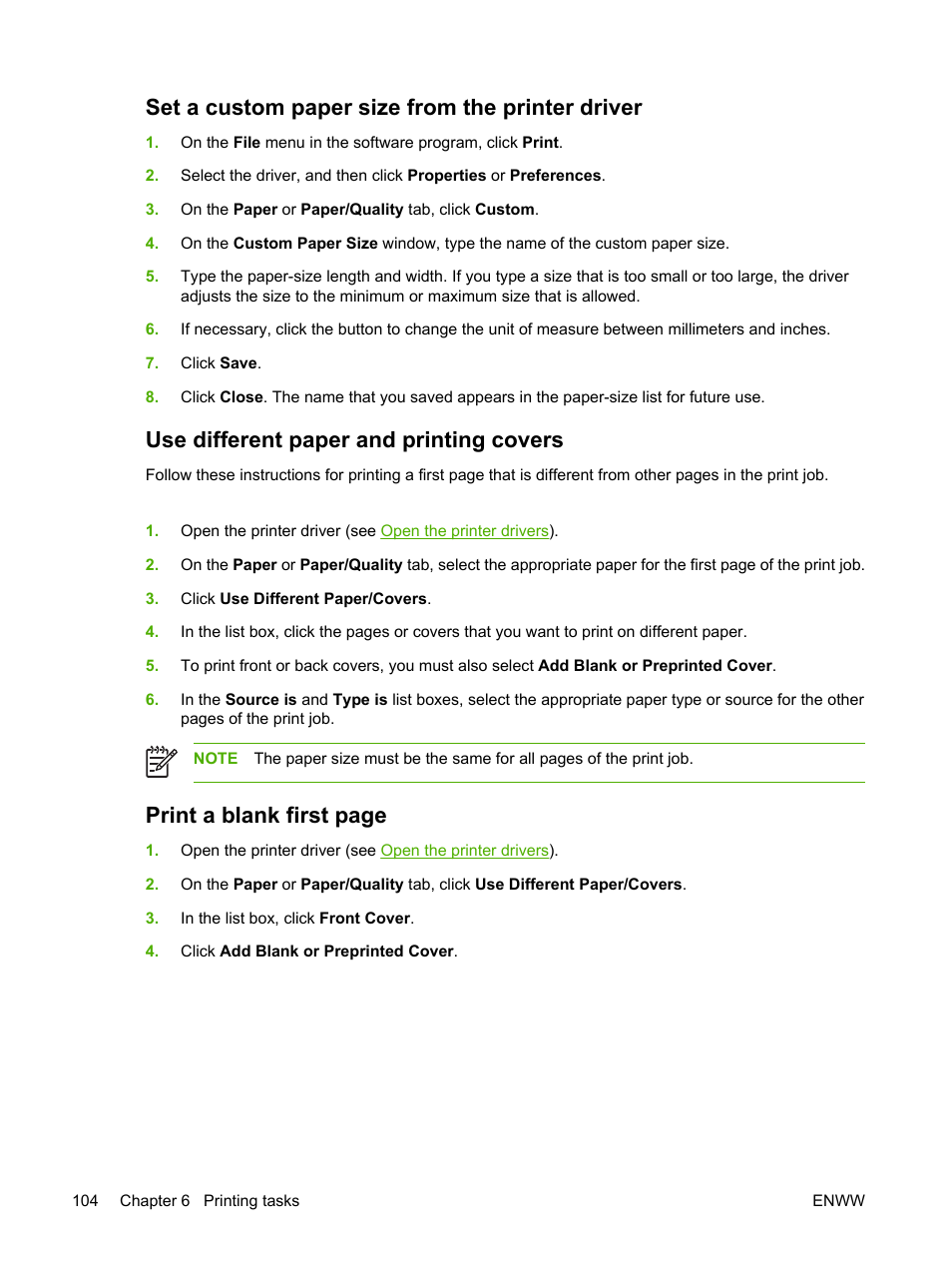 Set a custom paper size from the printer driver, Use different paper and printing covers, Print a blank first page | HP LaserJet M5025 Multifunction Printer series User Manual | Page 116 / 300