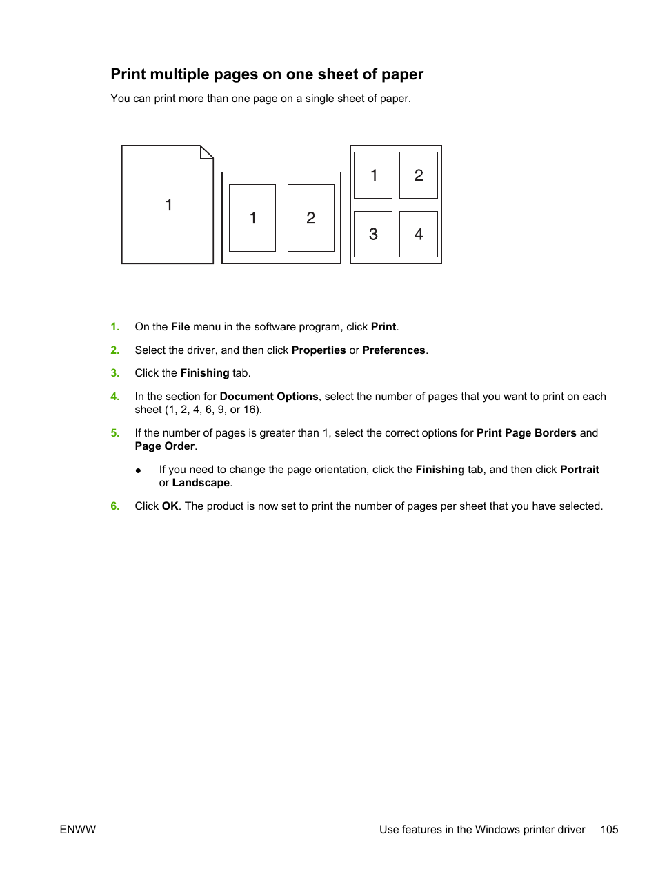 Print multiple pages on one sheet of paper | HP LaserJet M5025 Multifunction Printer series User Manual | Page 117 / 300