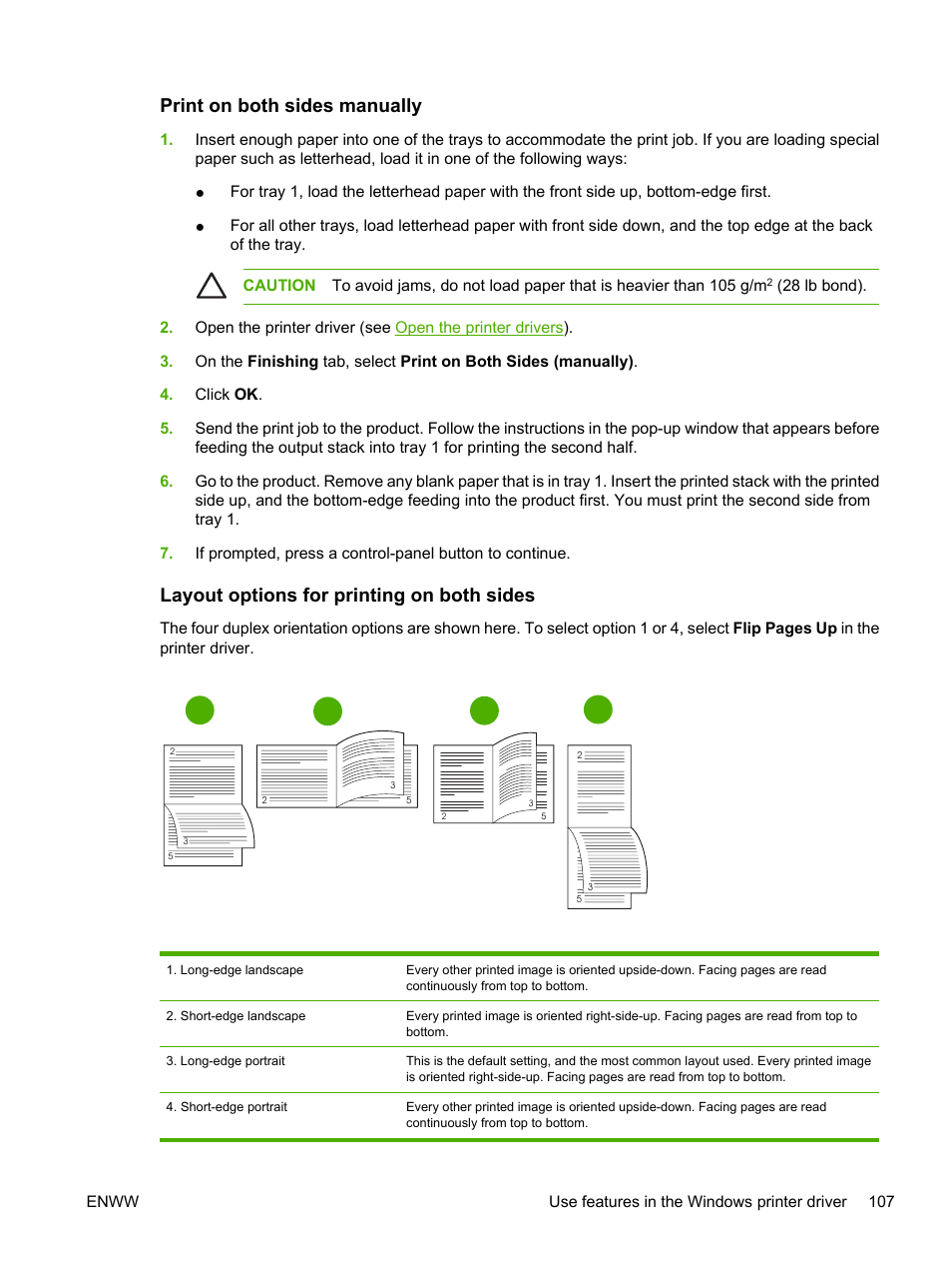 Print on both sides manually, Layout options for printing on both sides | HP LaserJet M5025 Multifunction Printer series User Manual | Page 119 / 300