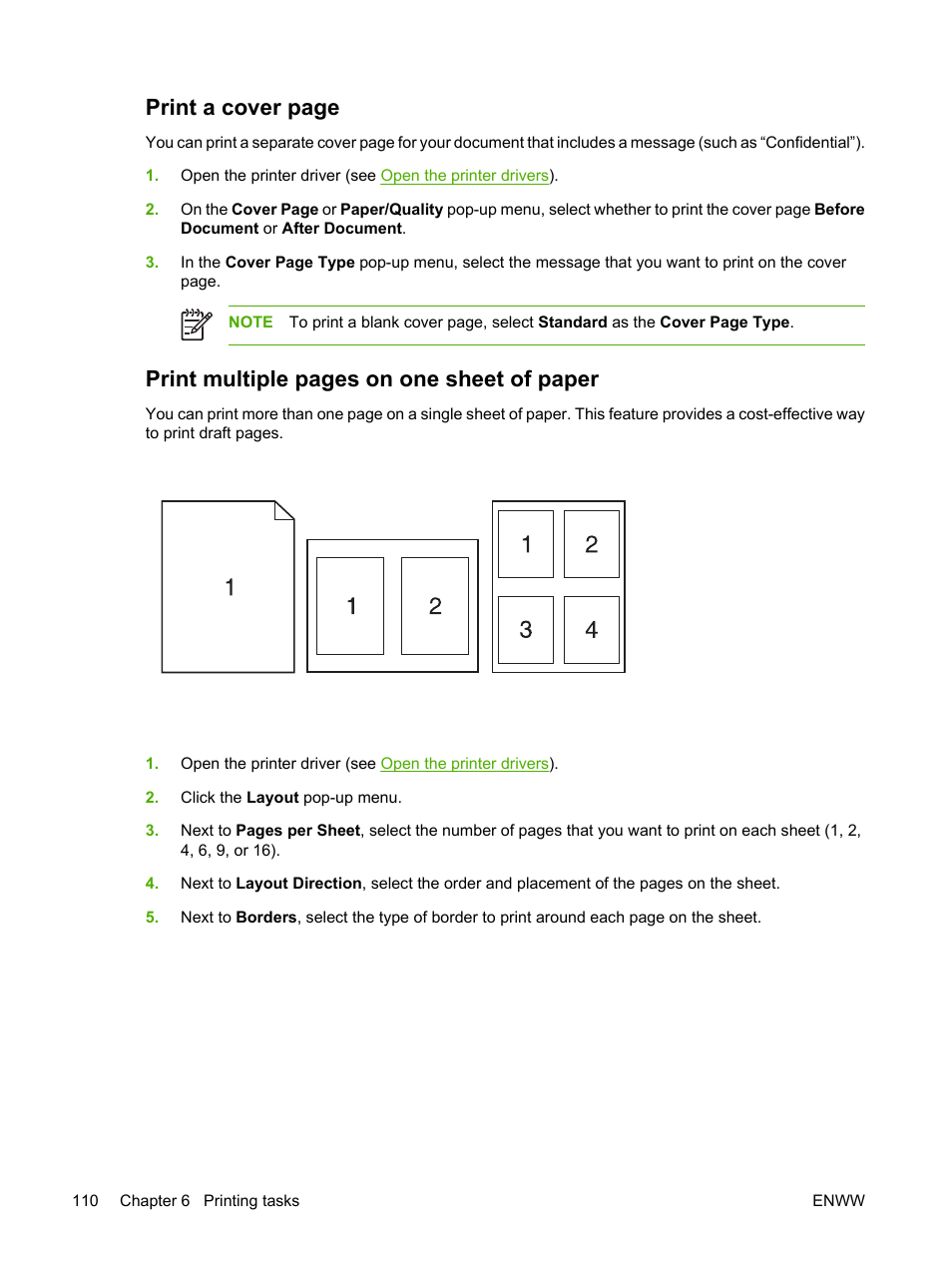 Print a cover page, Print multiple pages on one sheet of paper | HP LaserJet M5025 Multifunction Printer series User Manual | Page 122 / 300