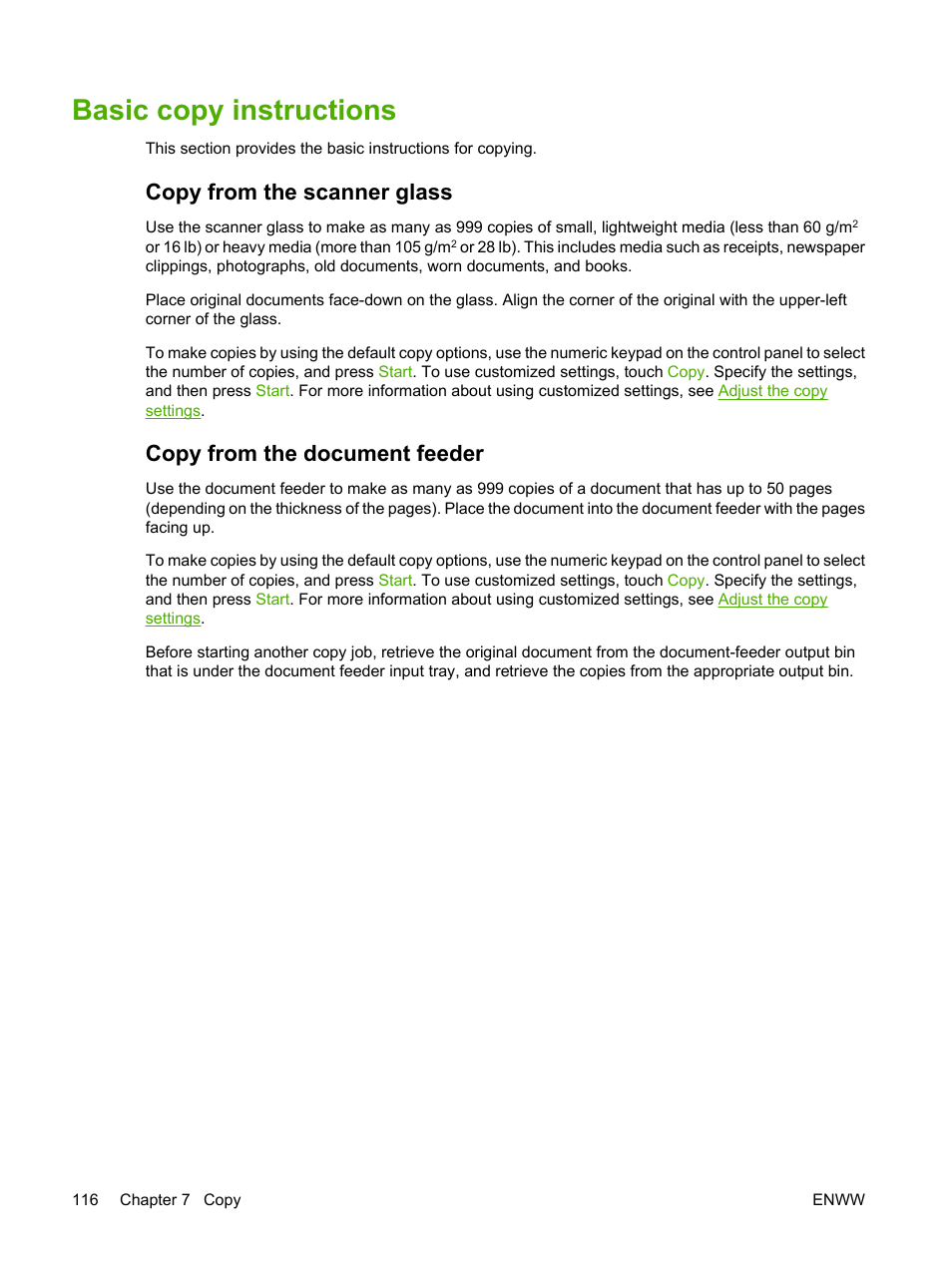 Basic copy instructions, Copy from the scanner glass, Copy from the document feeder | HP LaserJet M5025 Multifunction Printer series User Manual | Page 128 / 300