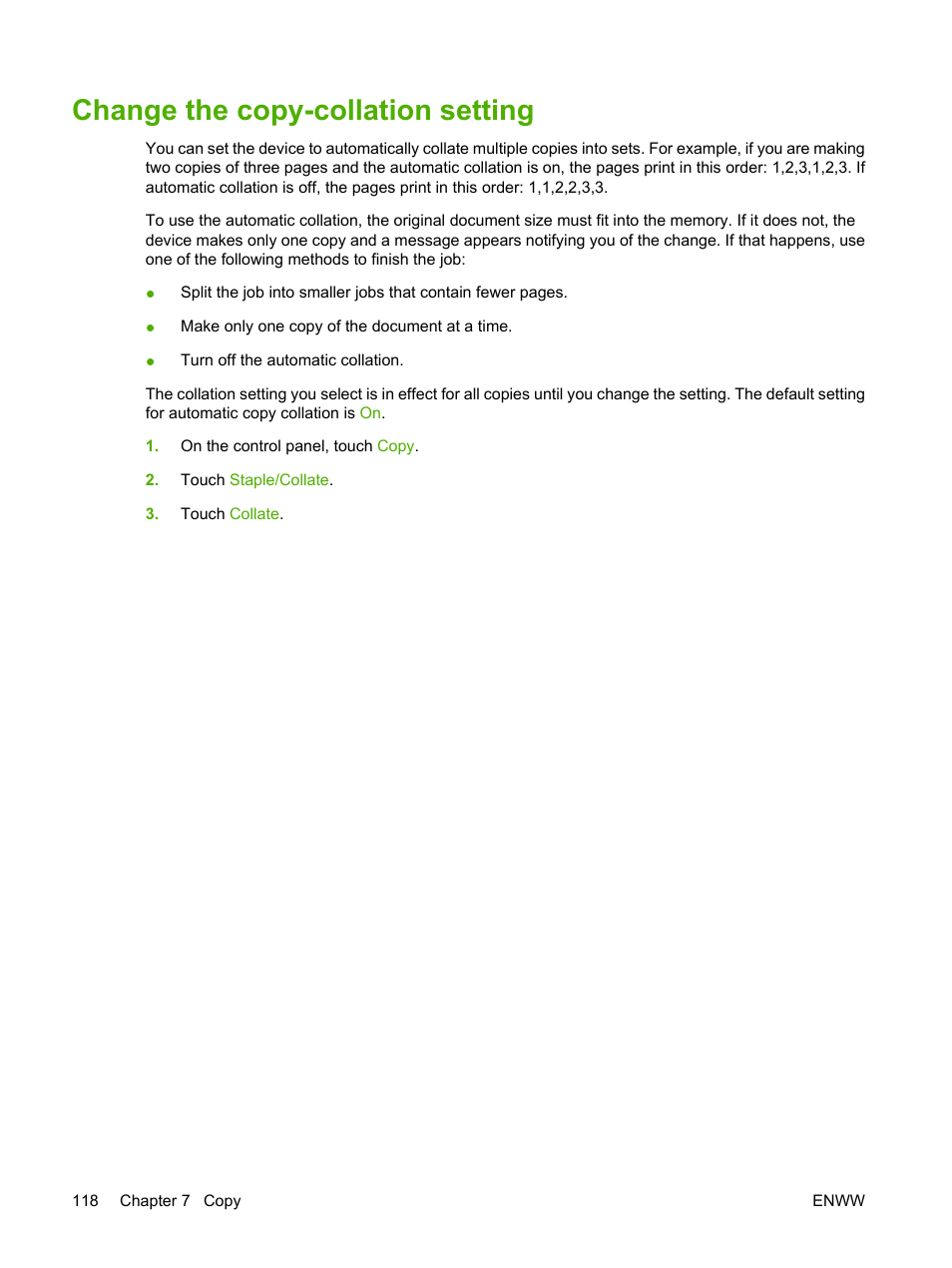 Change the copy-collation setting | HP LaserJet M5025 Multifunction Printer series User Manual | Page 130 / 300