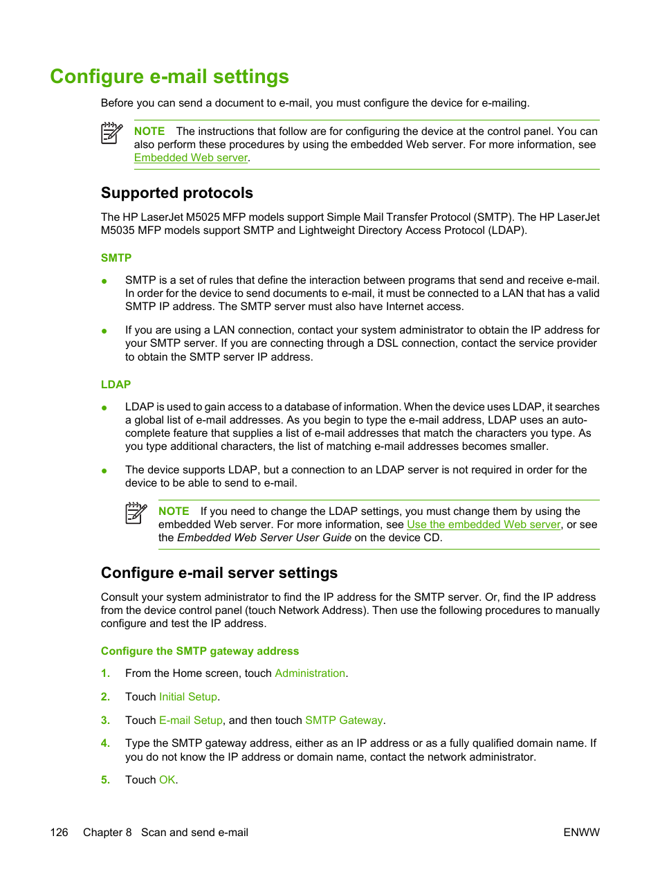 Configure e-mail settings, Supported protocols, Configure e-mail server settings | HP LaserJet M5025 Multifunction Printer series User Manual | Page 138 / 300