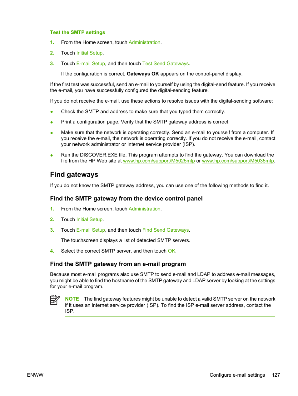 Find gateways, Find the smtp gateway from an e-mail program | HP LaserJet M5025 Multifunction Printer series User Manual | Page 139 / 300