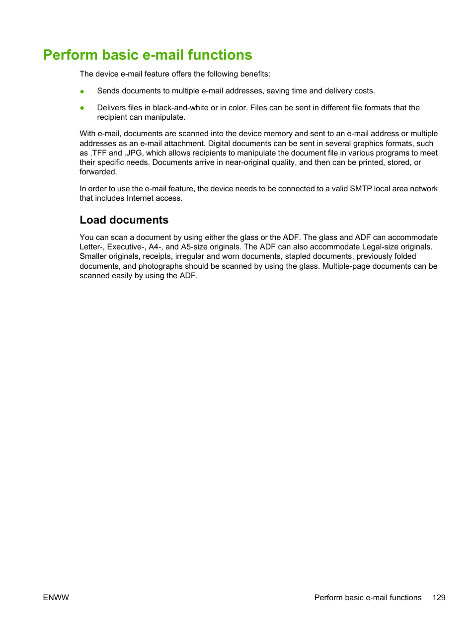 Perform basic e-mail functions, Load documents | HP LaserJet M5025 Multifunction Printer series User Manual | Page 141 / 300