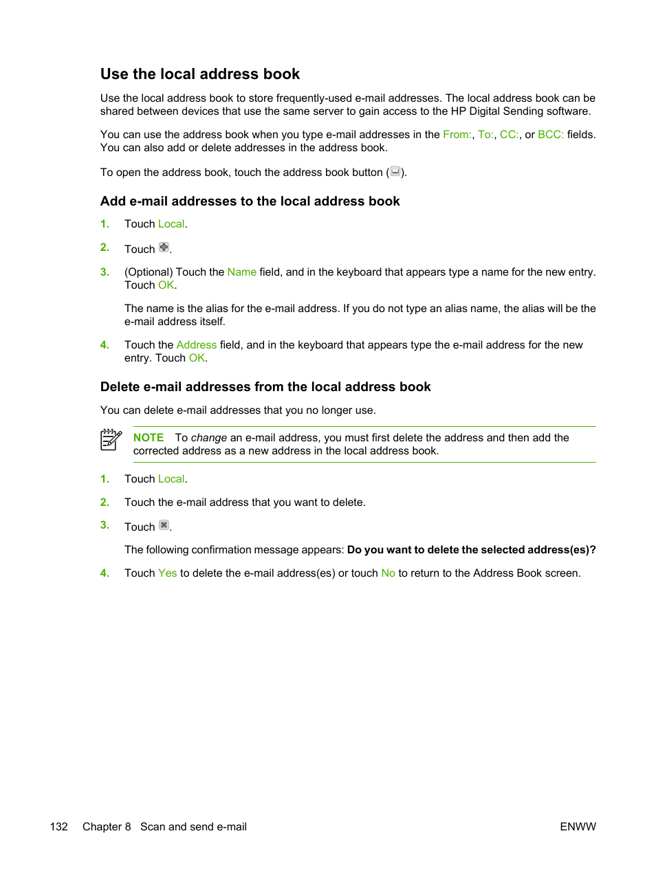 Use the local address book, Add e-mail addresses to the local address book | HP LaserJet M5025 Multifunction Printer series User Manual | Page 144 / 300