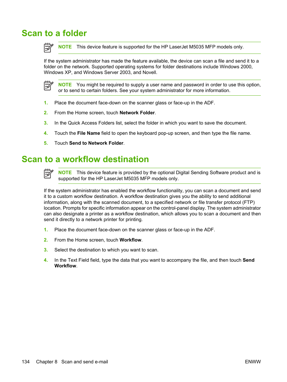 Scan to a folder, Scan to a workflow destination, Scan to a folder scan to a workflow destination | HP LaserJet M5025 Multifunction Printer series User Manual | Page 146 / 300