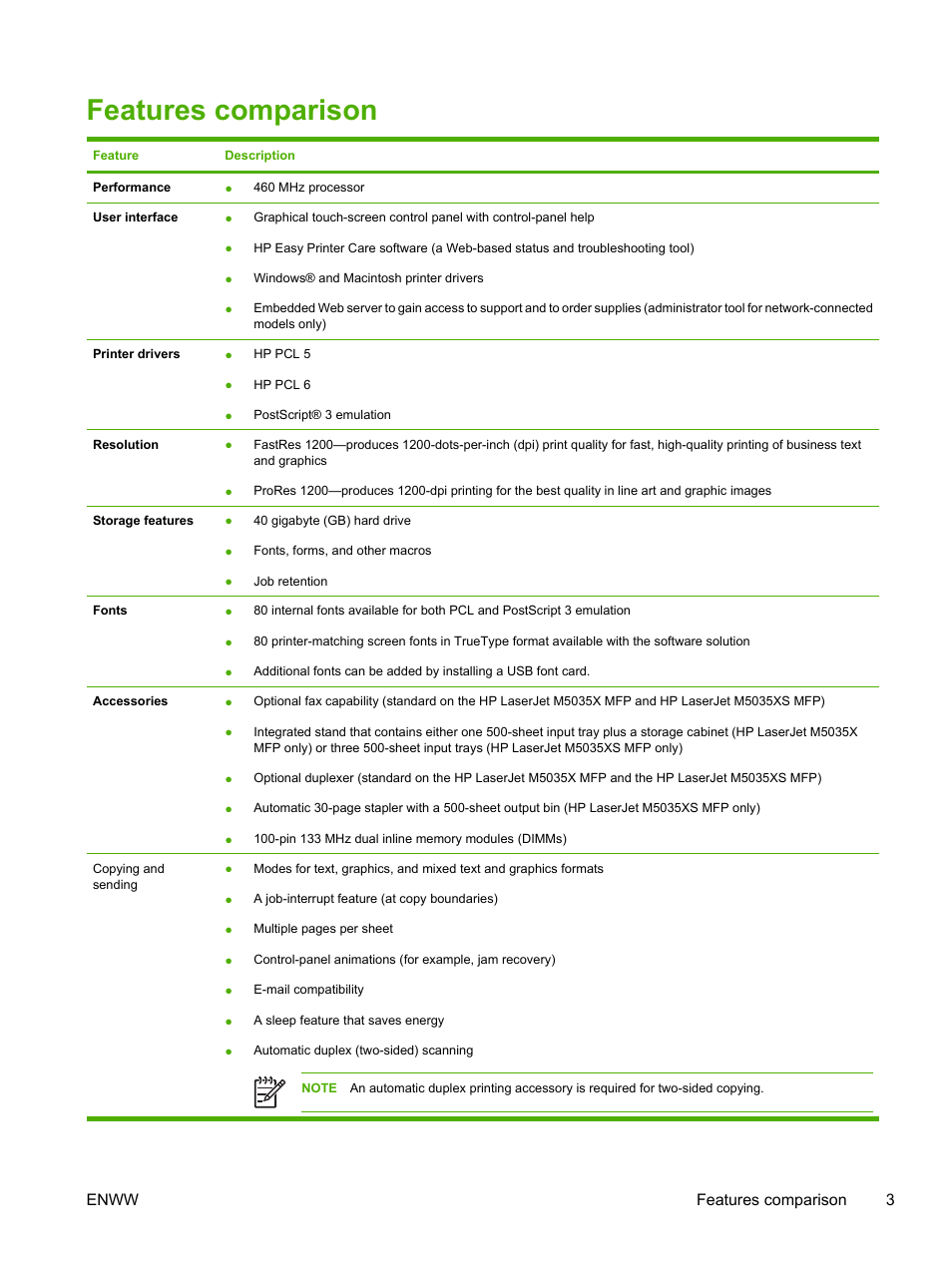 Features comparison, Enww features comparison 3 | HP LaserJet M5025 Multifunction Printer series User Manual | Page 15 / 300