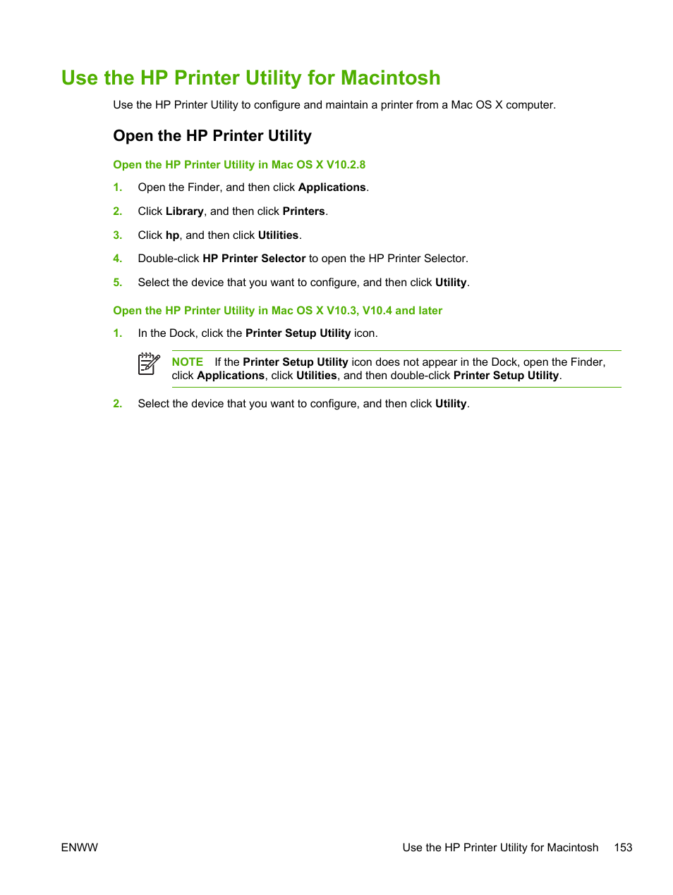 Use the hp printer utility for macintosh, Open the hp printer utility, Use the hp printer utility for | Macintosh | HP LaserJet M5025 Multifunction Printer series User Manual | Page 165 / 300