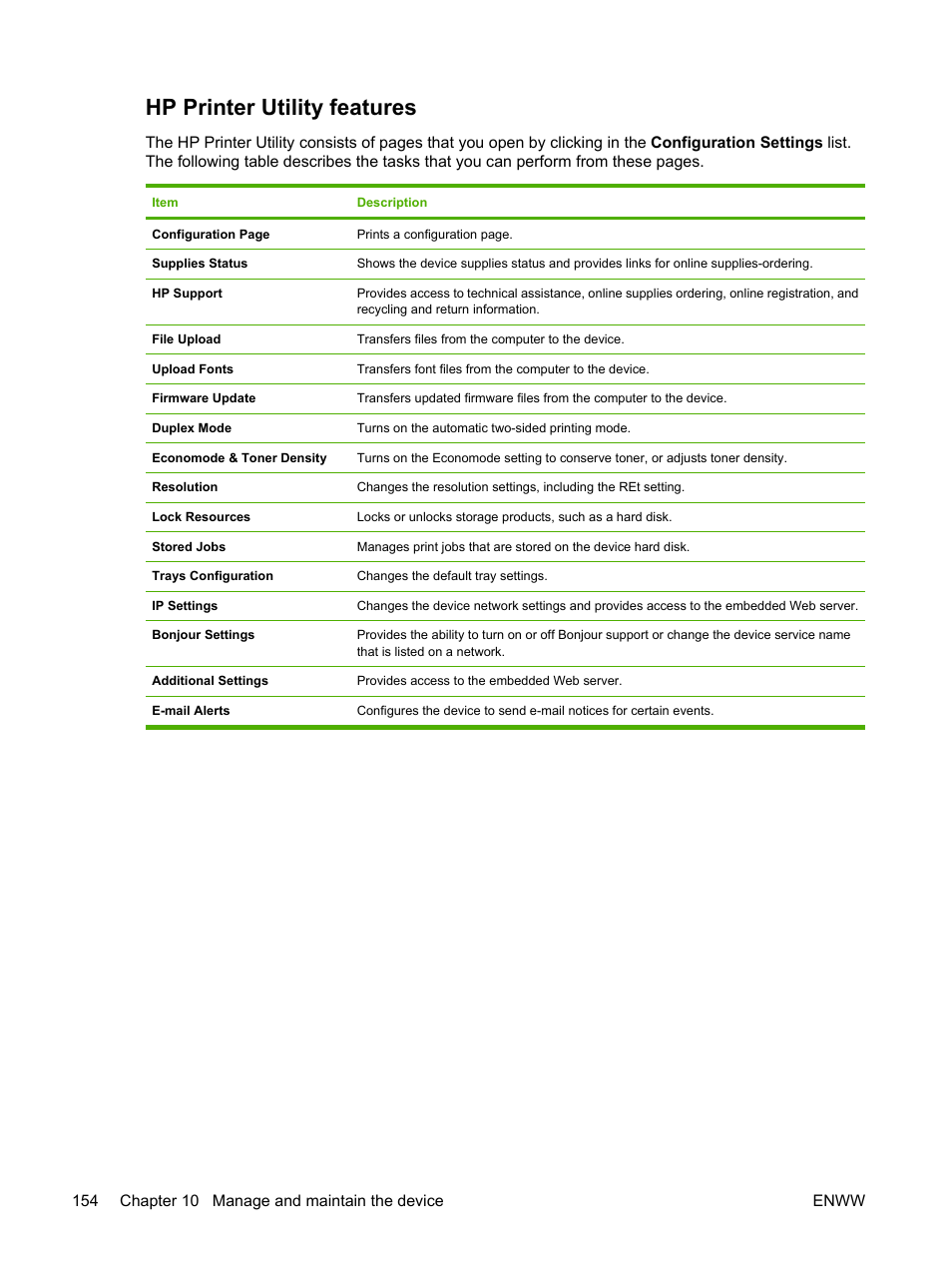 Hp printer utility features | HP LaserJet M5025 Multifunction Printer series User Manual | Page 166 / 300