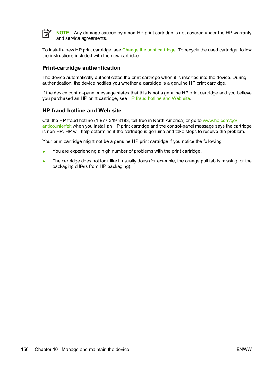 Print-cartridge authentication, Hp fraud hotline and web site | HP LaserJet M5025 Multifunction Printer series User Manual | Page 168 / 300